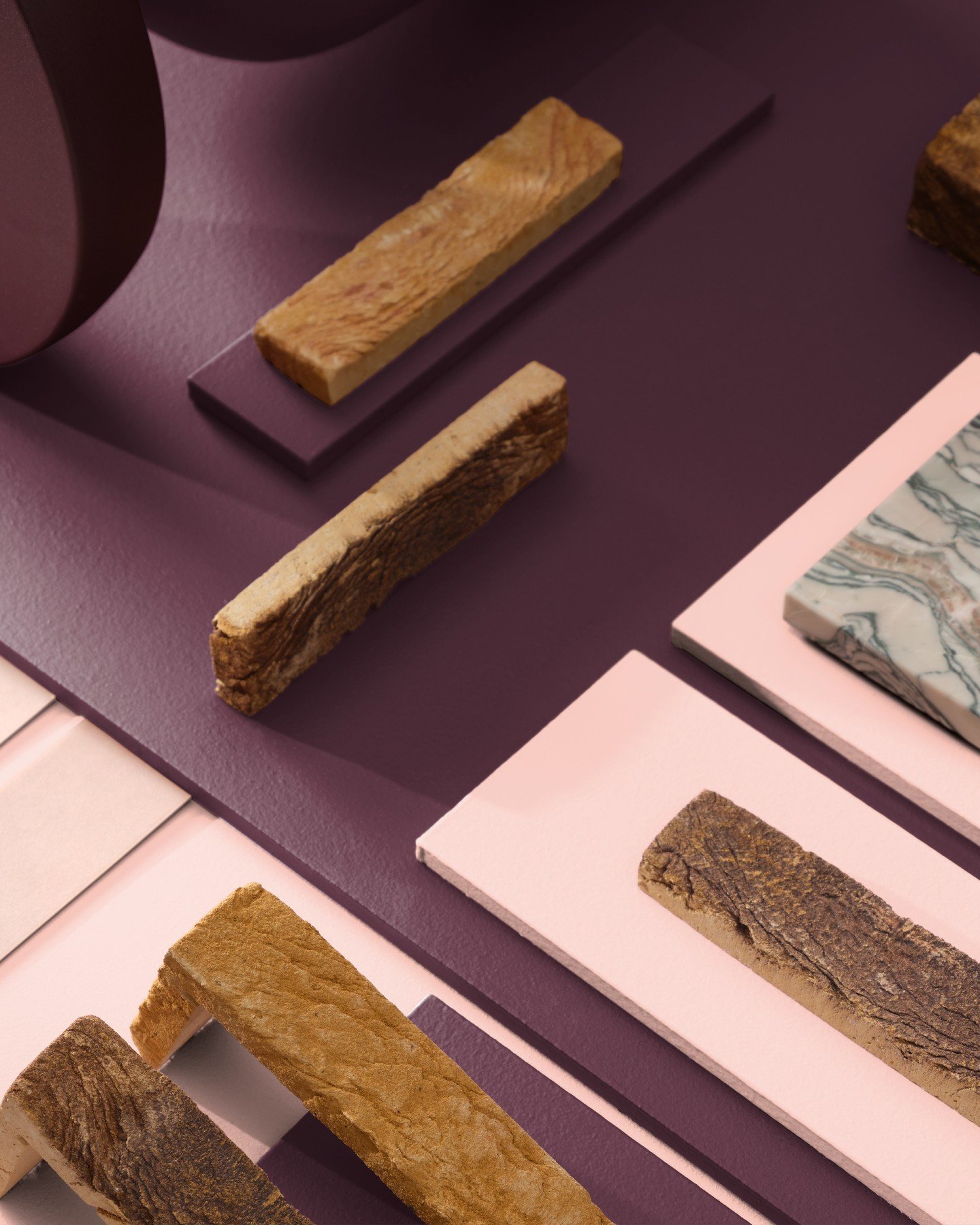 A refined collision of softness and strength. This mood board plays with contrast&mdash;deep plum and blush pink tones set the stage for rugged natural stone, raw clay textures, and fluid marble patterns. A study in harmony, where color and material 