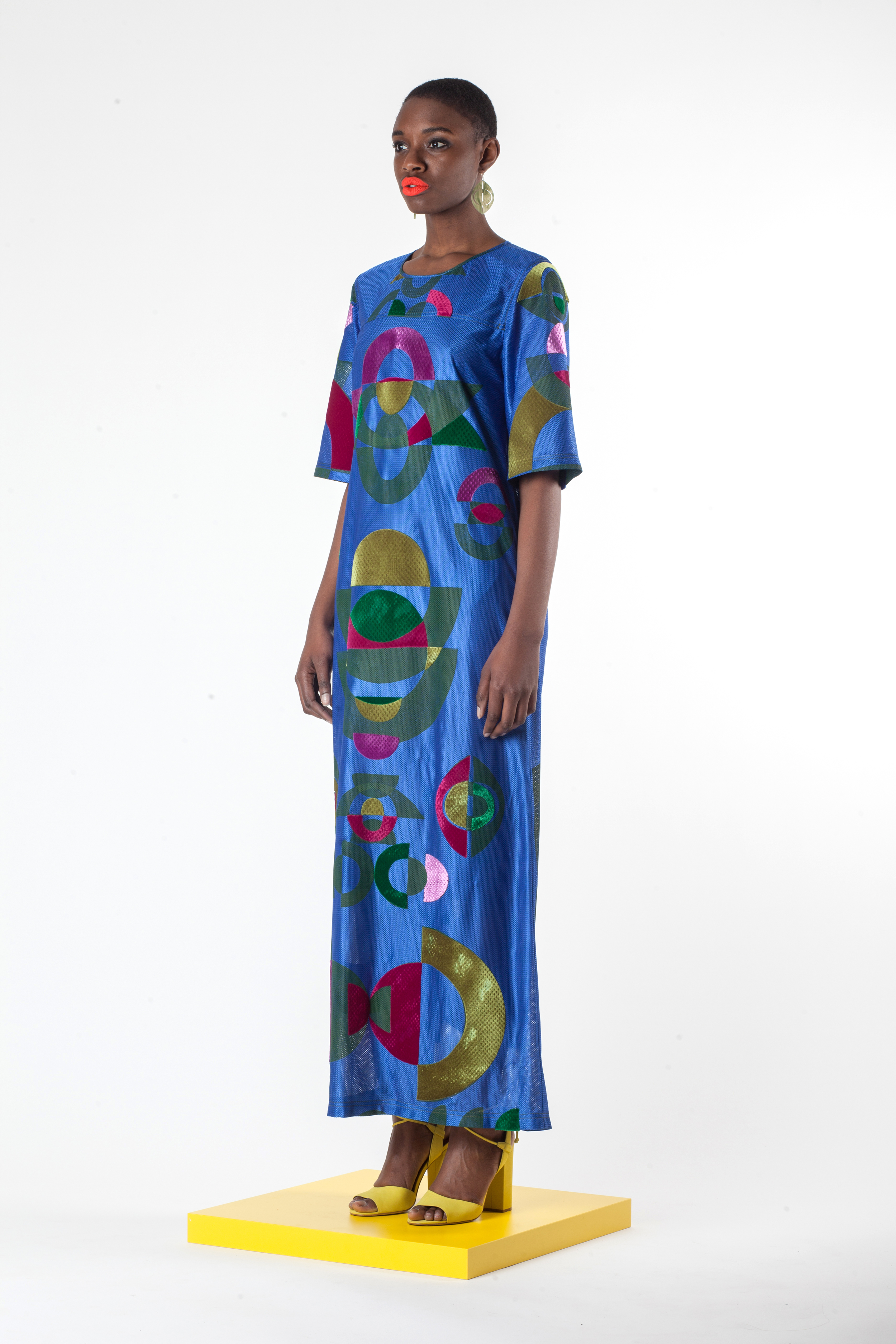  Blue Block Printed and Velvet Appliqué Mesh Maxi Dress with Laser Cut Earrings 