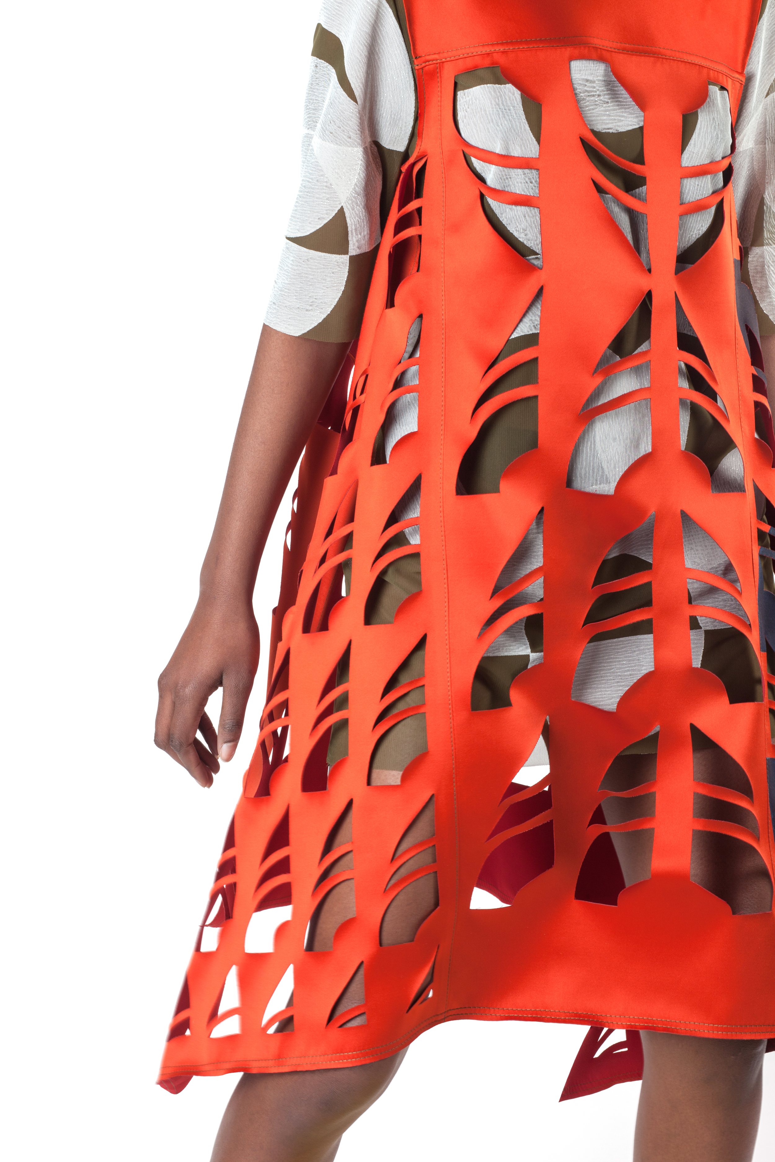  Block Printed Mesh Tee Dress under a Block Printed Laser Cut Double Faced Poly Satin Dress 