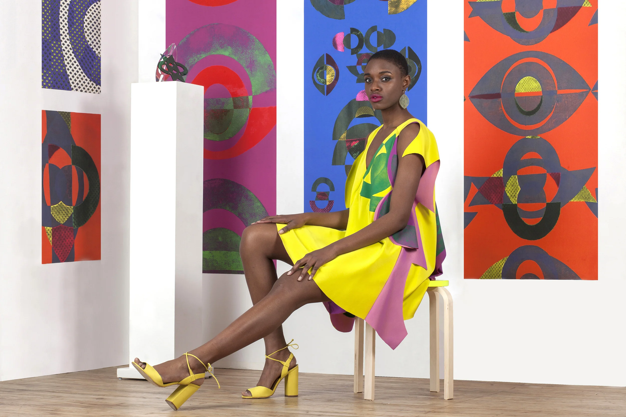 Block Printed and Velvet Appliqué 4 Ply Silk, Gorgette, and Nylon Dress with Laser Cut Earrings.