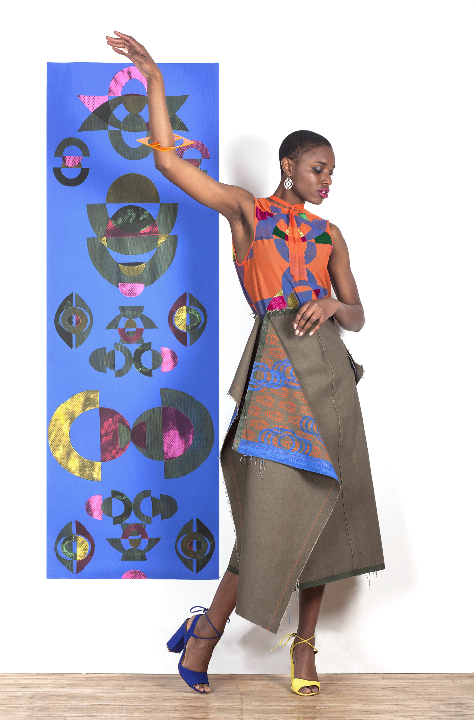  Block Printed and Velvet Appliqué Mesh Dress under a Block and Screen Printed Canvas Skirt with Laser Cut Earrings and Bracelett  