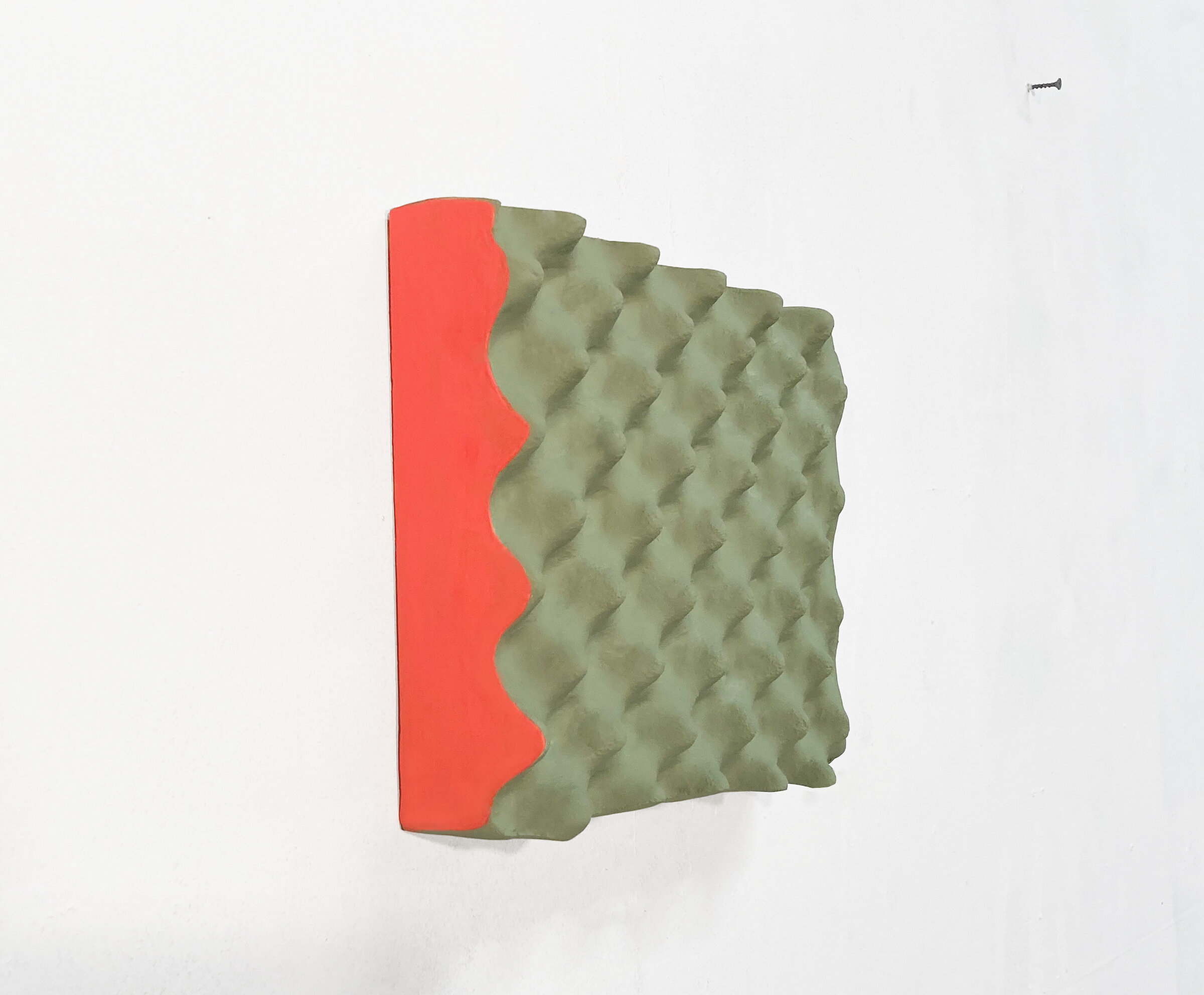   Giulia Piera Livi ,  Untitled (green with coral),  2020. Mixed media, foam, flashe (with screw), 8 x10 x2 in. 