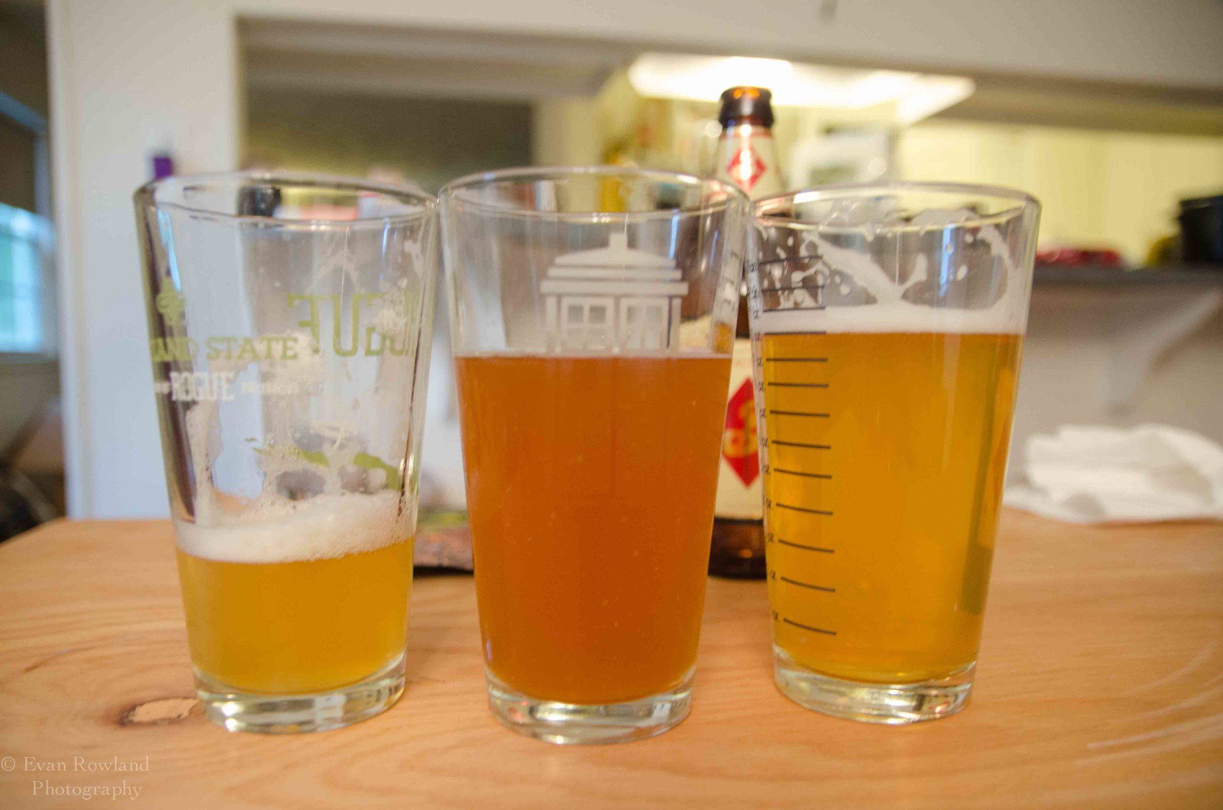 Large format sorachi ace on left, propose ale middle, 12 oz bottle right