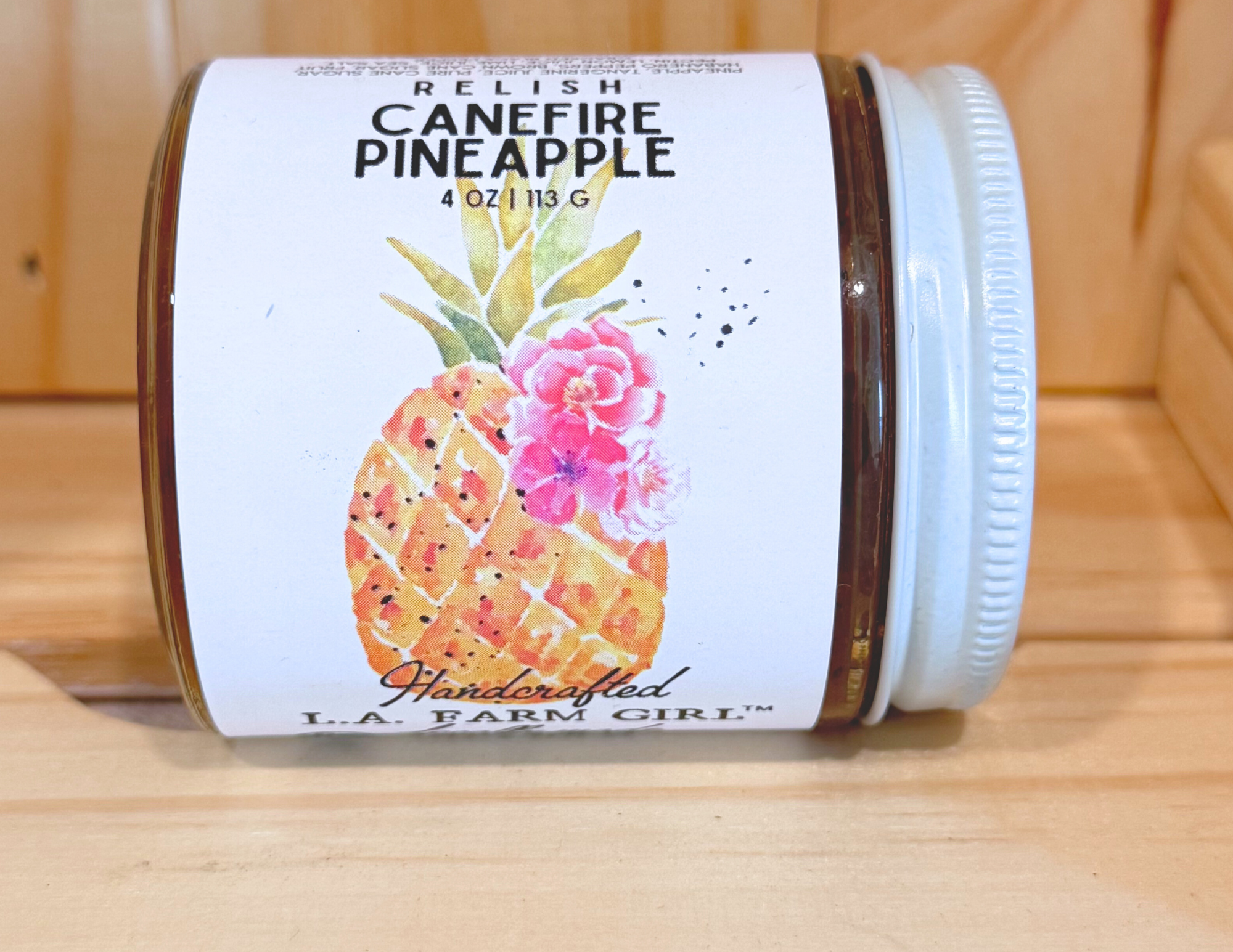 Close-up of Canefire Pineapple small-batch Texas jam label.