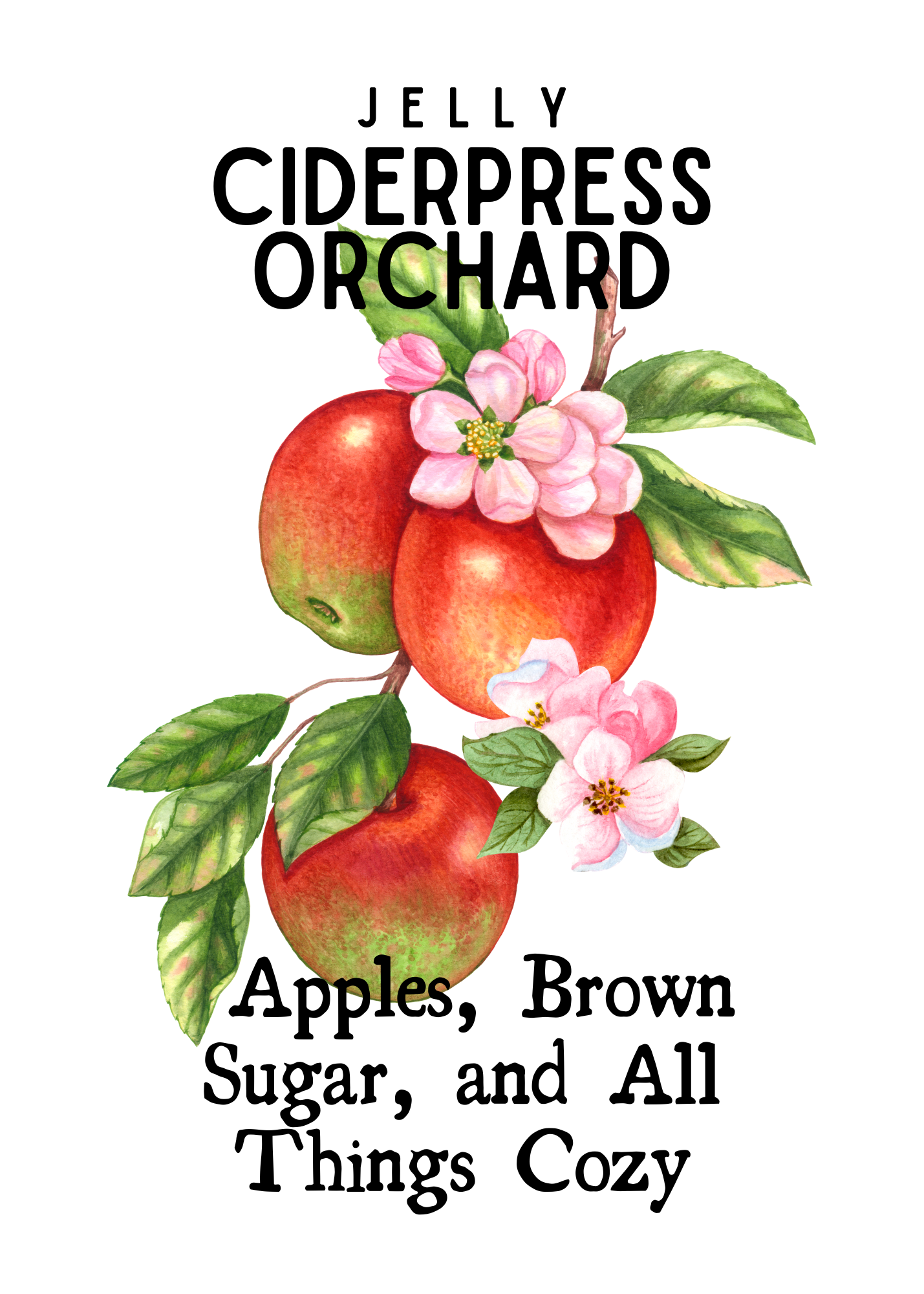 A book cover with watercolor illustrations of three apples, pink apple blossoms, and green leaves. The title reads "Spread Apple Butter" and the subtitle says "Apples, Brown Sugar, and All Things Cozy."