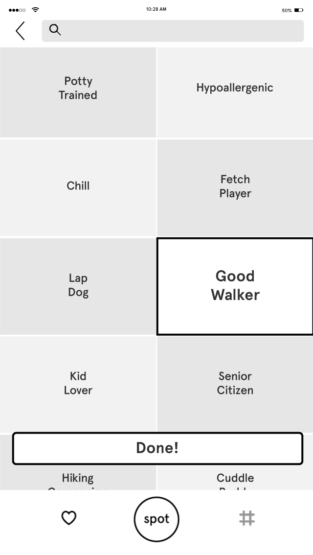 During on-boarding, and any time after, users can select tags representing concepts and criteria that are important to them in a pet.