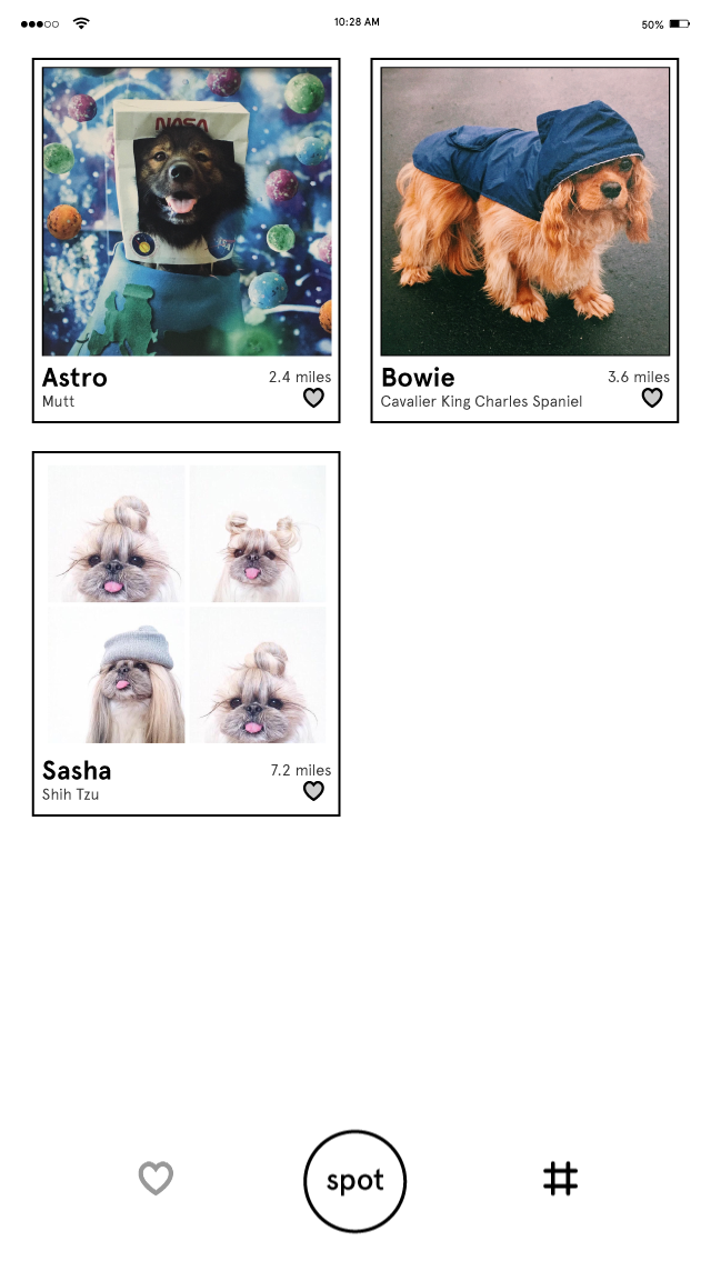 Users can save pets they like by touching the heart icon on a card to be easily accessed later on.