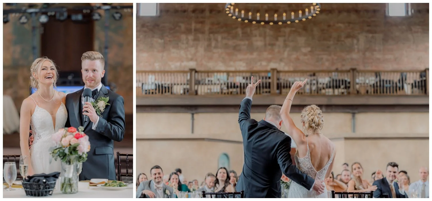 The bride and groom standing in front of thier guests giving a toast at the Monastery Event Center in Cincinnati.