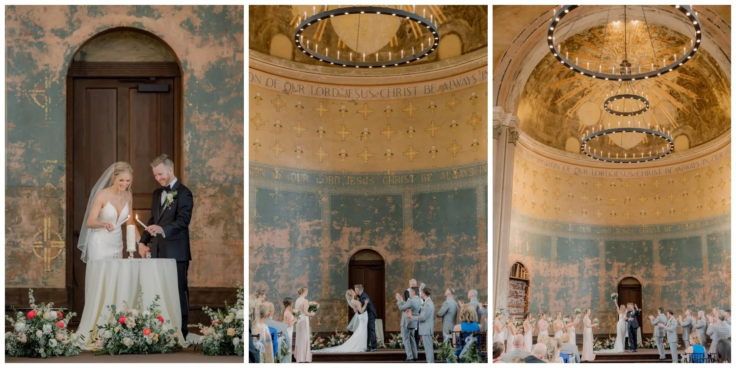 The bride and groom during their wedding cermeony lighting their unity candle and kissing and cheering at their wedding.