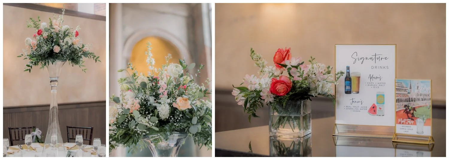 Brightly colored wedding flower arranements at the Monastery Event Center in Cincinnati.