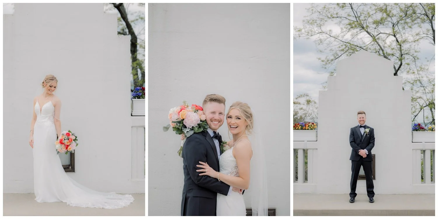 Portraits of the bride and groom separately then together on a white background.