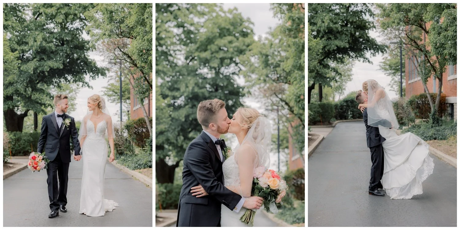 The bride and groom on their wedding day outside the Monastery Event Center in Cincinnati.