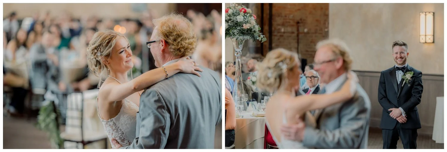 The father daughter dance as the groom looks on at the Monastery Event Center in Cincinnati.