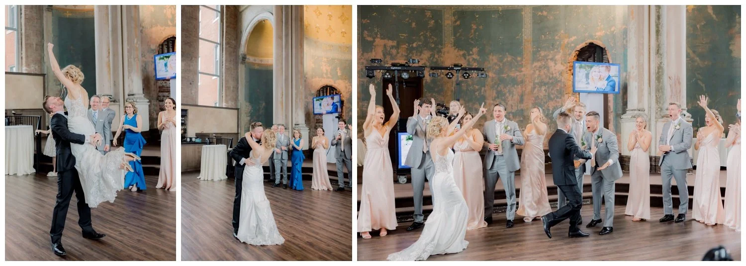Bridal party entrance into the reception cheering and having a great time at the Monastery Event Center in Cincinnati.