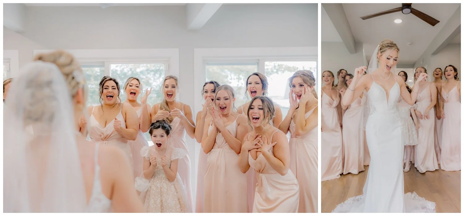 The bridesmaids reacting in amazement and cheering for the bride on her wedding day.