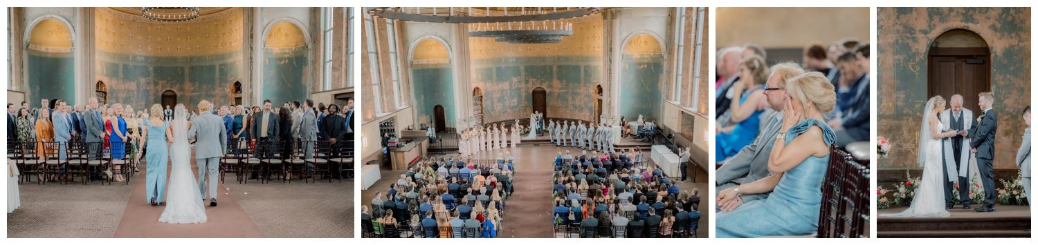 Emotional wedding ceremony moments inside the Monastery Event Center in Cincinnati.