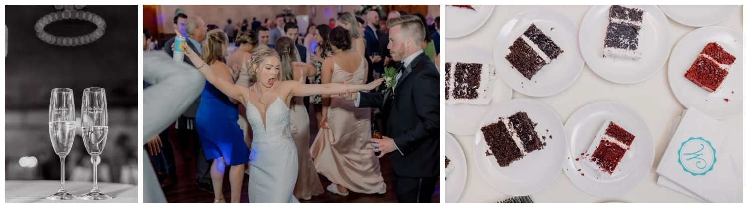 Champange flutes, bride dancing, and a close up detail of cake slices waiting to be taken by guests.