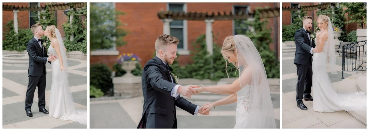 The groom and the bride during their first look outside their red brick wedding venue.