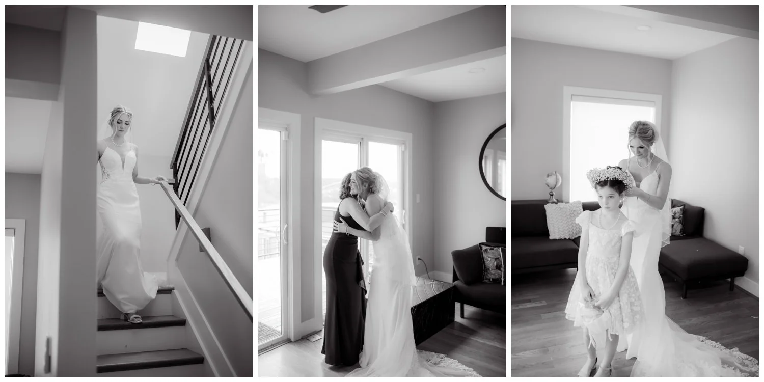 Black and white moments of the bride getting ready with family on her wedding day.