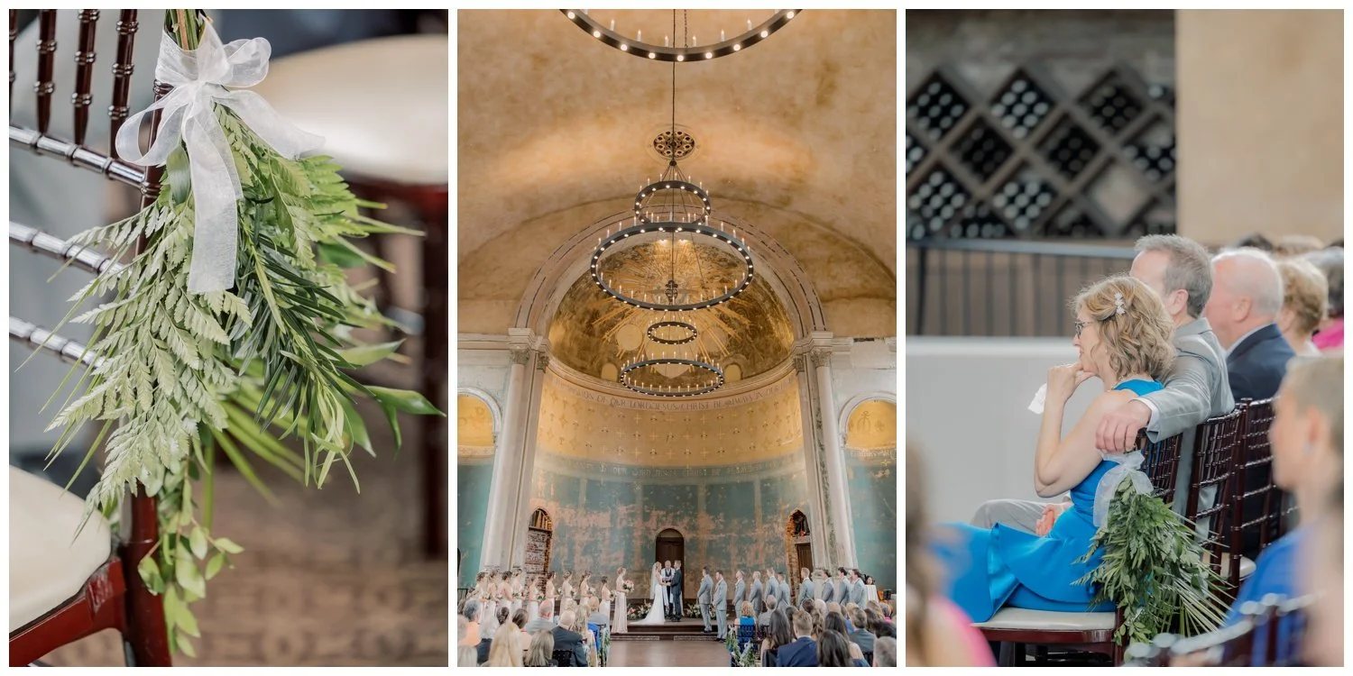 Greenery aisle markers framing the Monastery Event Center in Cincinnati wedding ceremony.