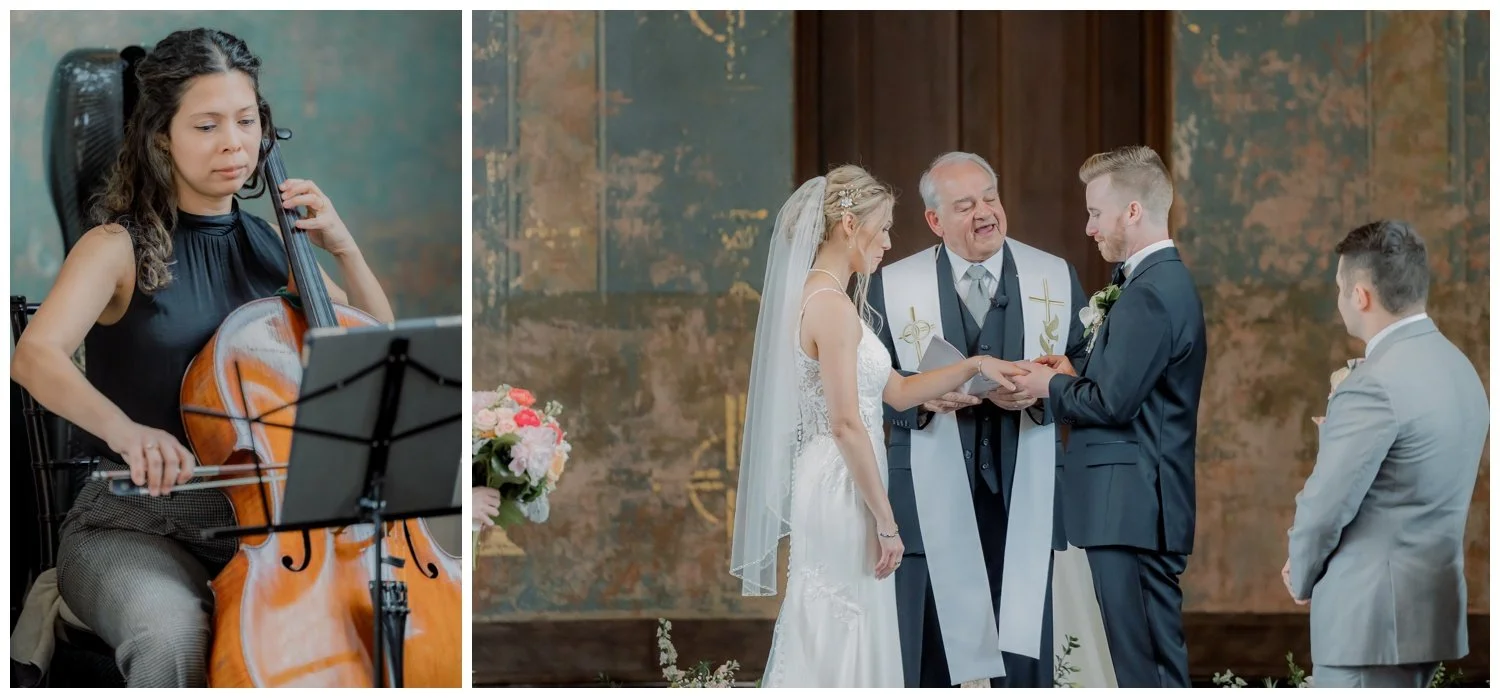 Close up diptych of ceremony violinist and bride and groom exchanging rings at the Monastery Event Center in Cincinnati.