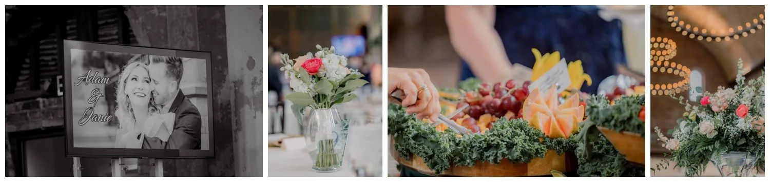 Wedding signage and floral details during a fruit filled cocktail hour at the Monastery Event Center in Cincinnati.