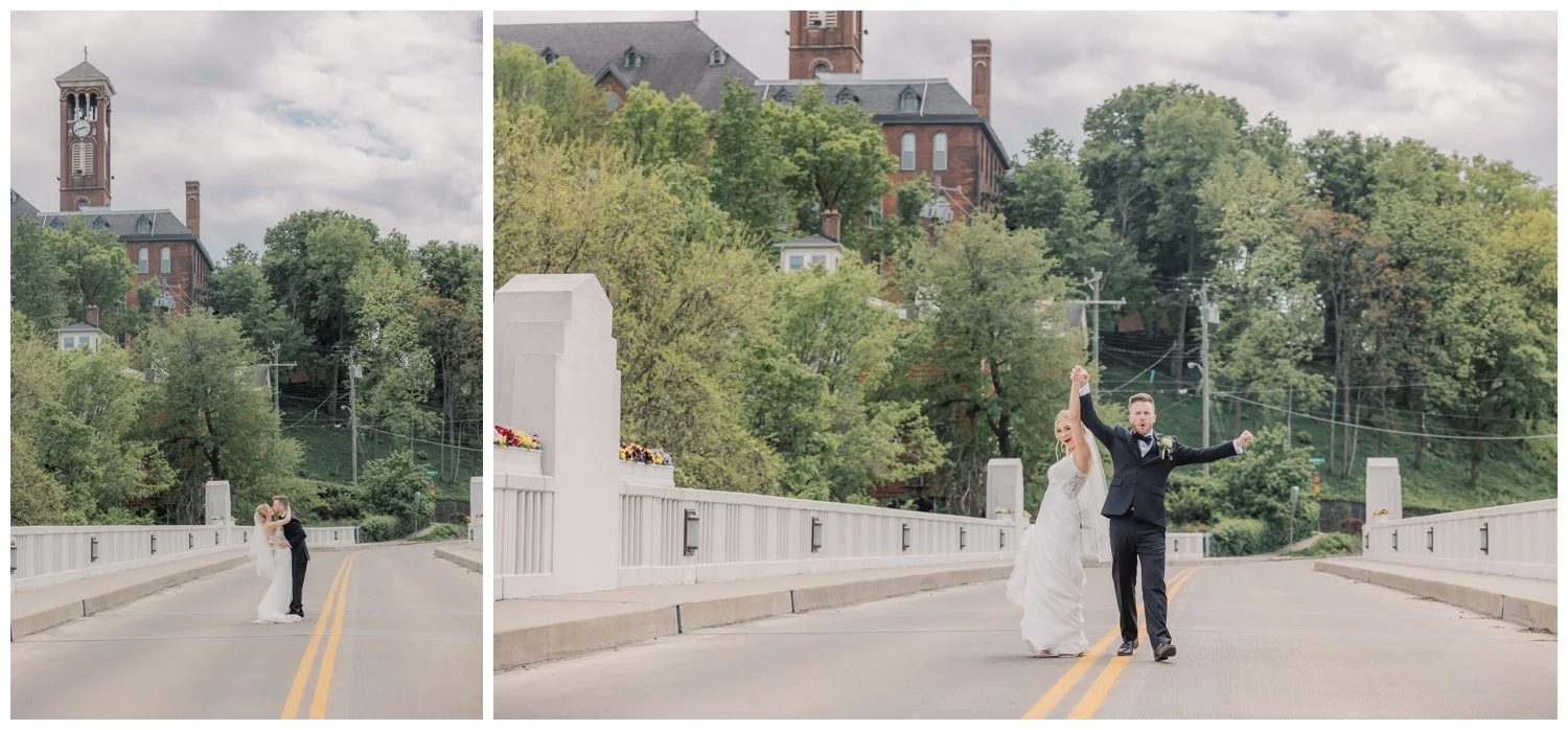 Bride and groom cheering in the street outside their wedding venue, The Monastery Event Center in Cincinnati, Ohio.