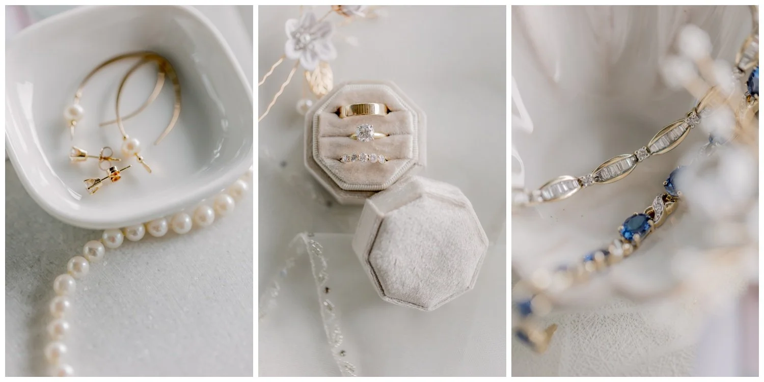 Bridal accessories laid out on the morning of their Cincinnati, Ohio wedding day.