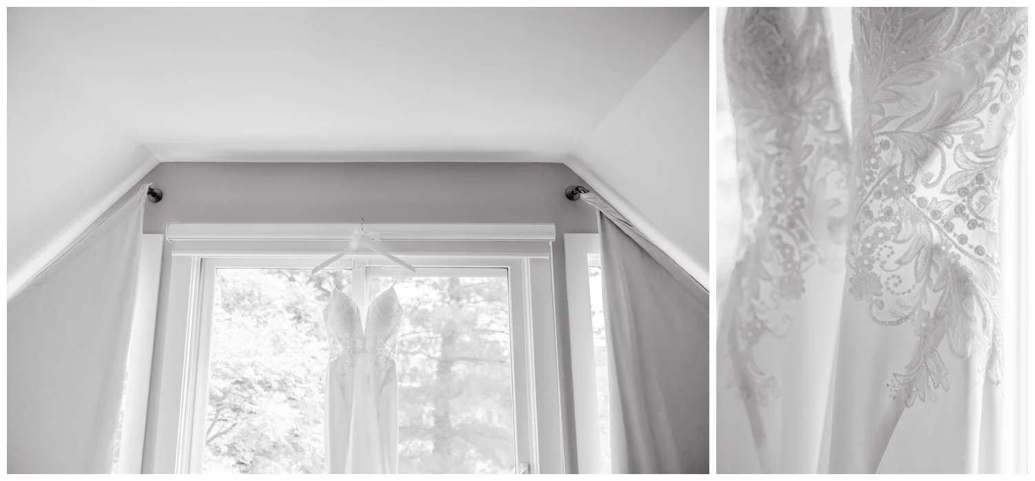 Black and white images of a bridal gown hanging in the bridal suite of airbnb the morning of their wedding day.