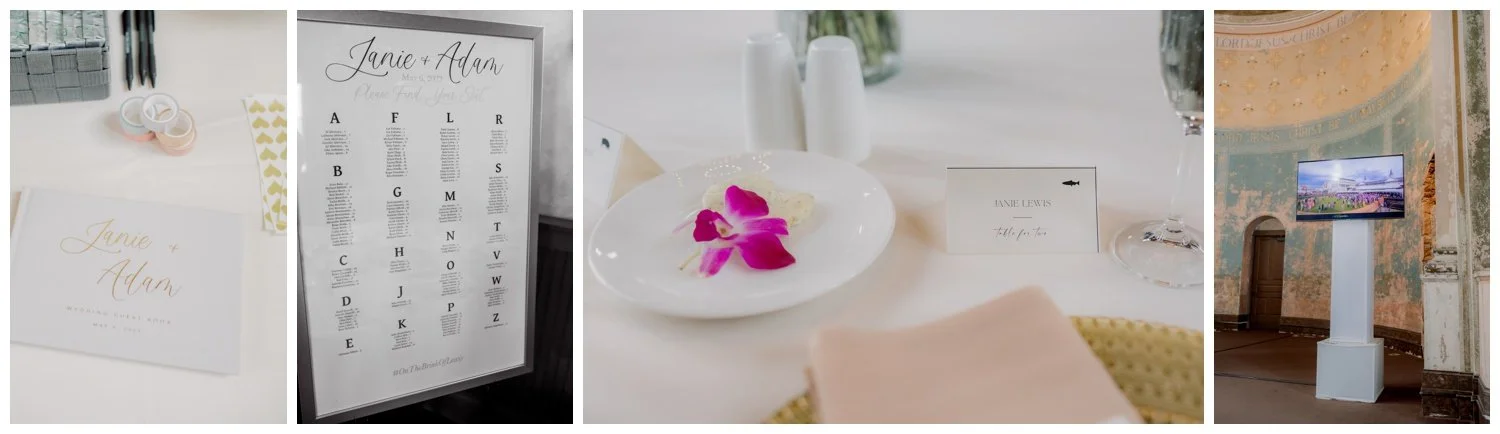 Reception details of guest book, seating chart, orchid, and screen atthe Monastery Event Center in Cincinnati.