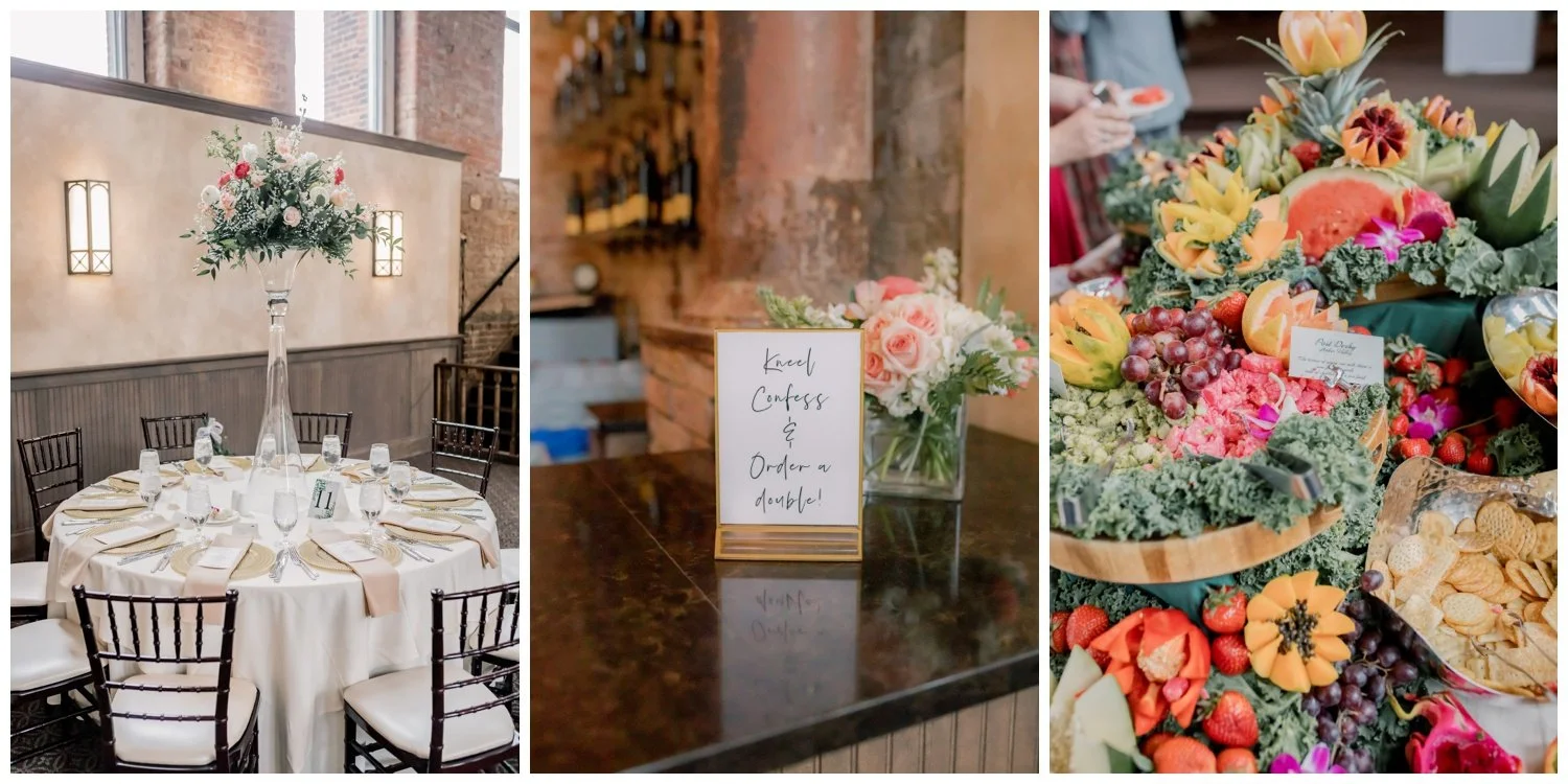 Reception tablescape with bright florals and fruits.