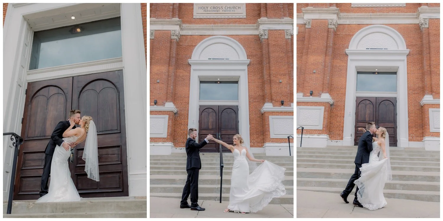 Bride and groom oustide the steps of The Monastery twirling and kissing.