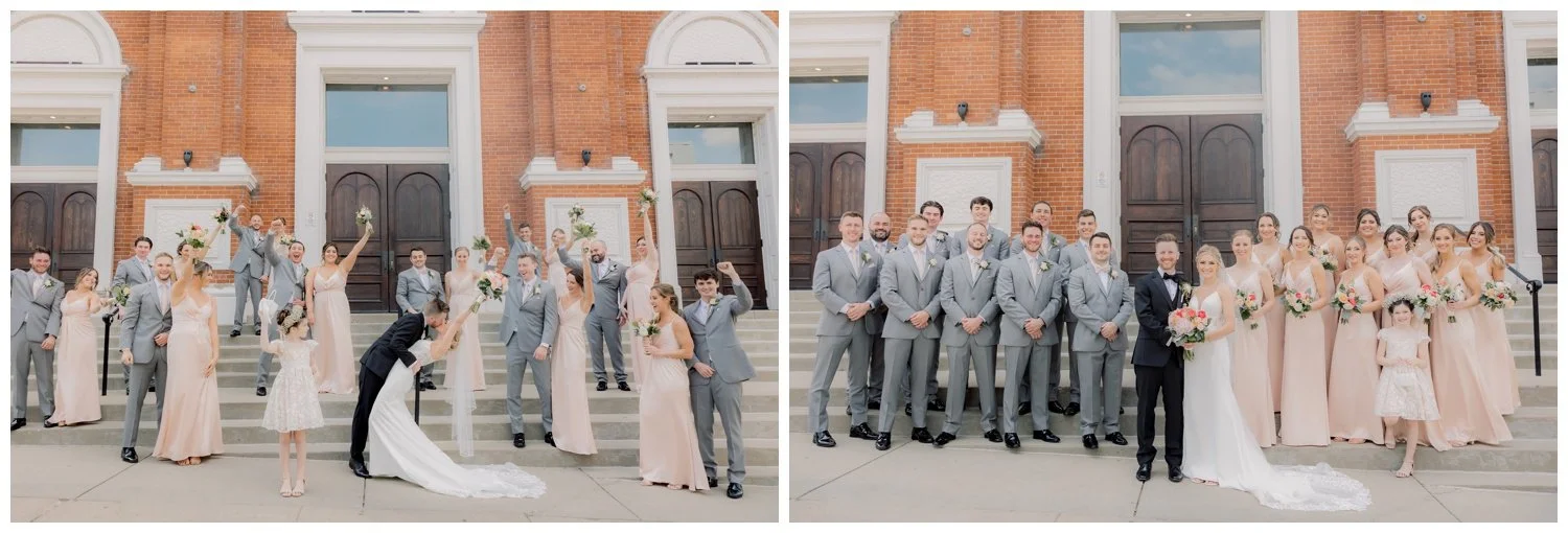 Grey and blush wedding party outside the Monastery Event Center in Cincinnati, Ohio front steps.