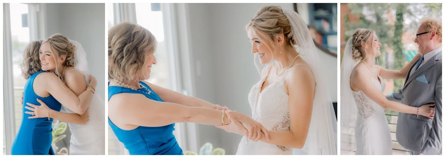 The bride holding her mother in law and her dad at the getting ready airbnb.
