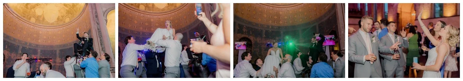 Dance floor with the brdie and groom up on chairs at their wedding reception on the dance floor at the Monastery Event Center in Cincinnati.