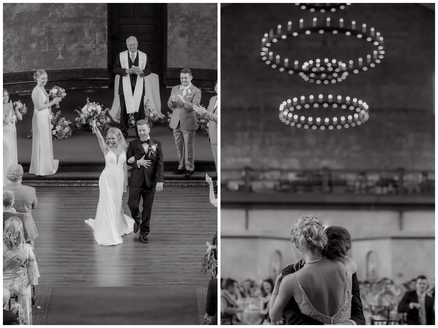 Images side by side in black and white of the bride and groom so in love at the Monastery Event Center in Cincinnati.