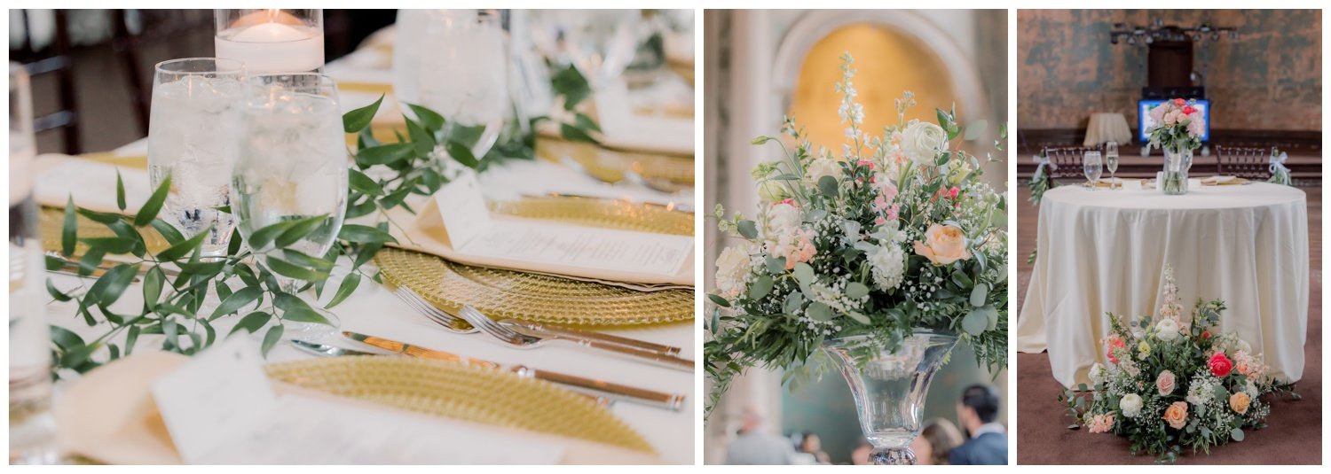Close up of reception florals at the Monastery Event Center in Cincinnati.