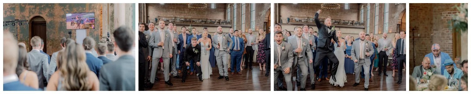 Bridal party watching and cheering as the derby horses run their race during the wedding reception.