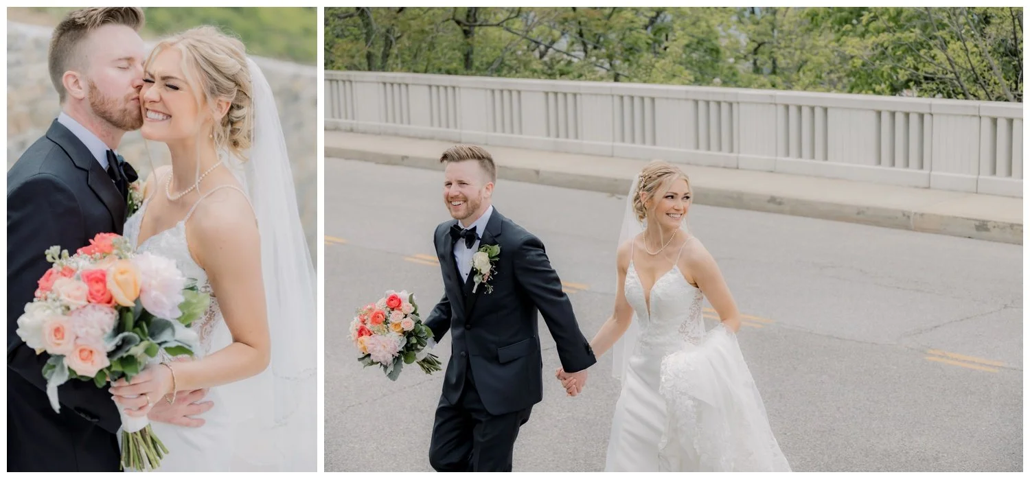 The bride and groom crossing the street holding hands.