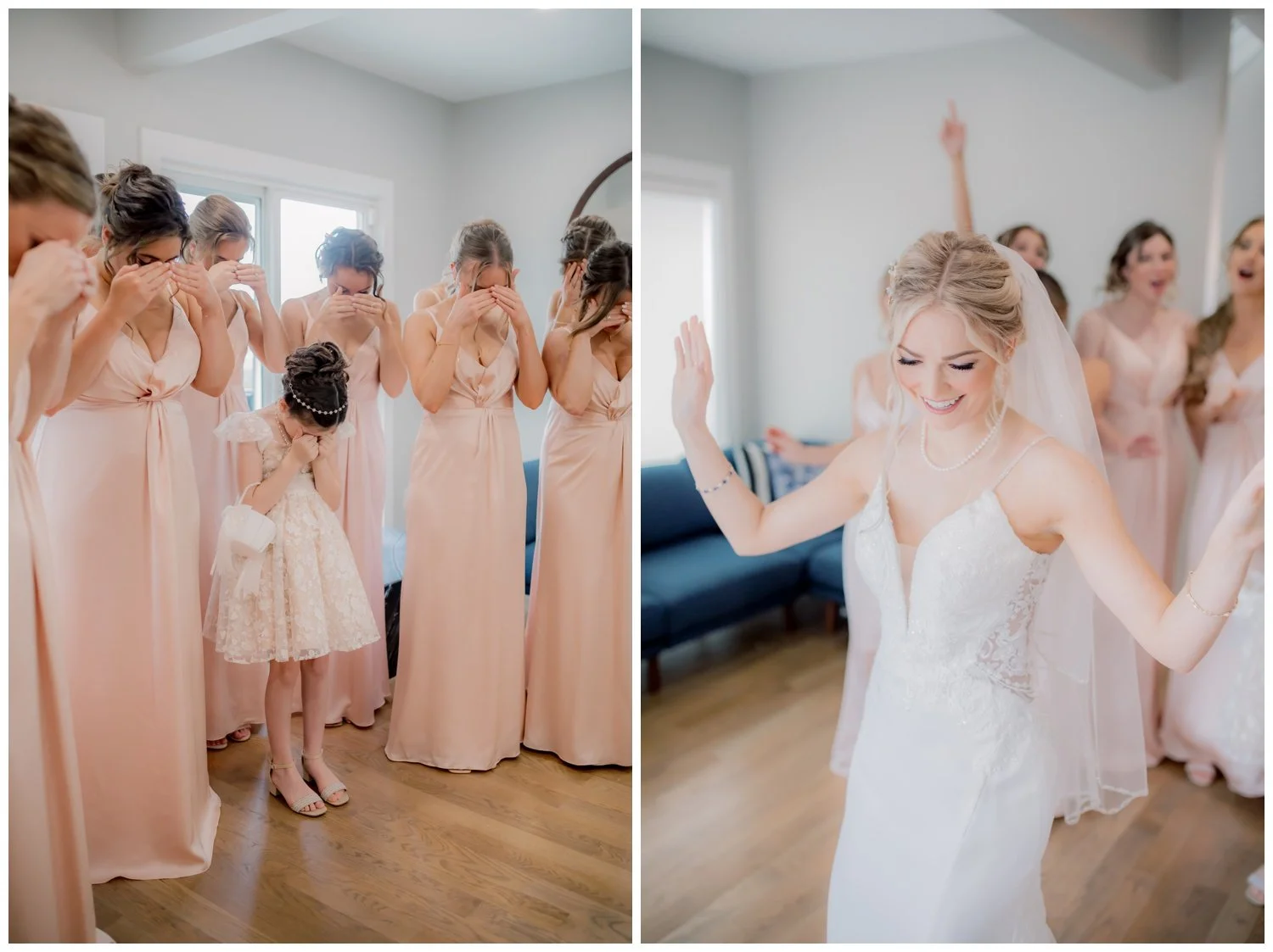 The bride showing off her dress to her bridesmaids in blush gowns.
