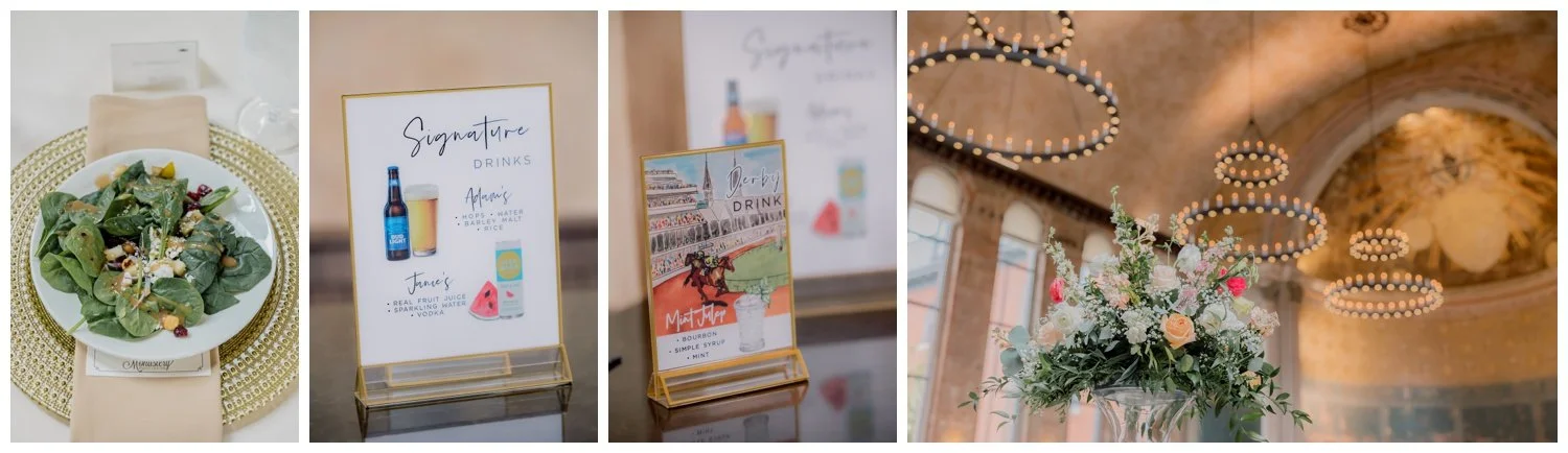 Reception details showcasing the salad, signature drinks sign, a watercolor derby sign, and a bright floral arrangement underneath glowing chandeliers.