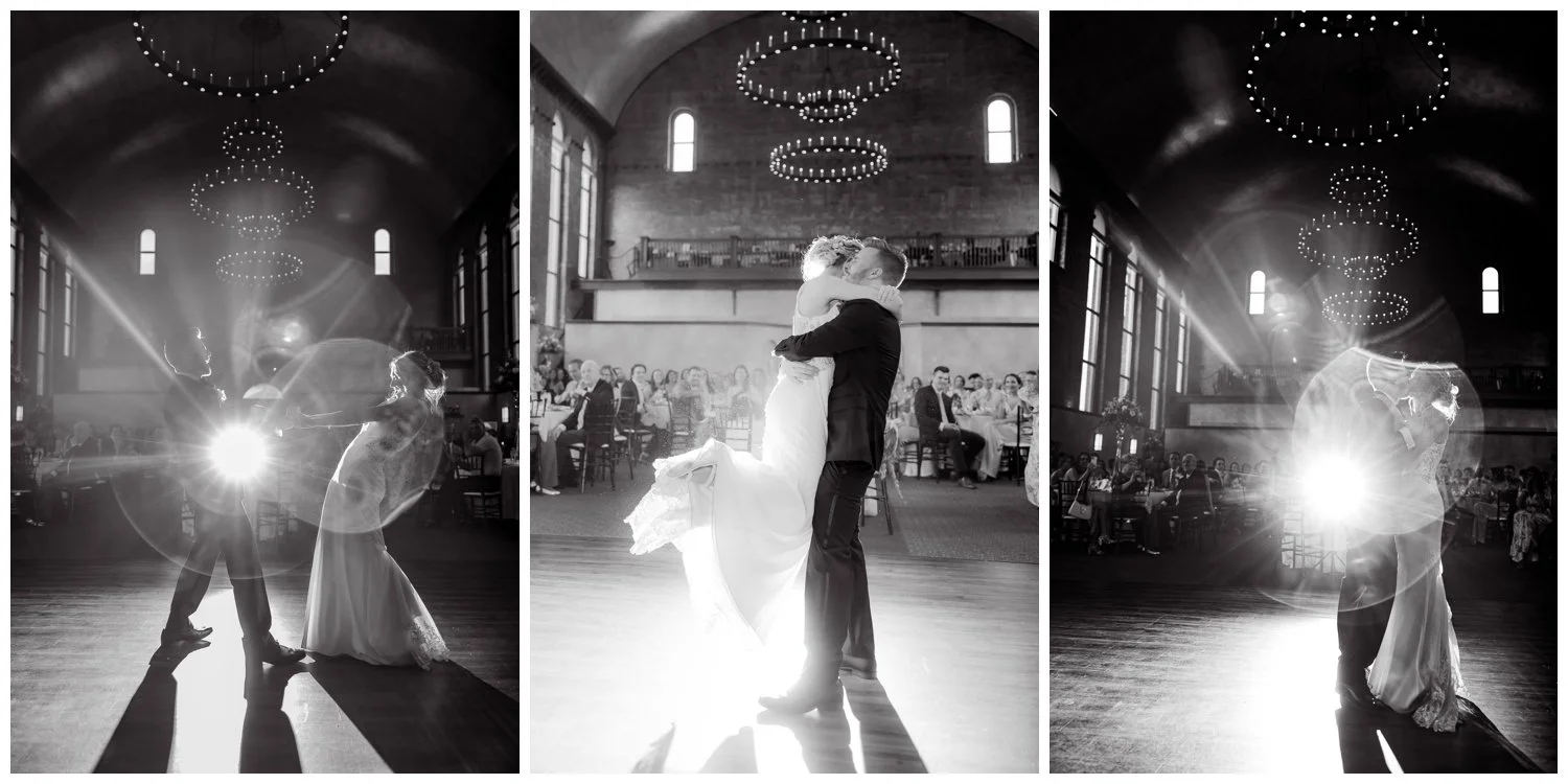 Black and white images of the bride and groom doing their first dance in front of flash photography at the Monastery Event Center in Cincinnati.
