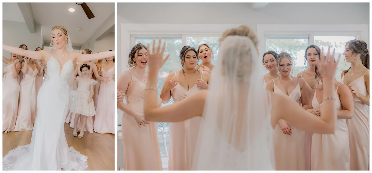 Moments from the bride and bridesmaid first look with the bride raising her arms in joy.