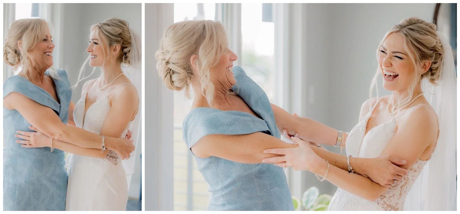 The bride and her mom sharing a special funny moment on her wedding day.