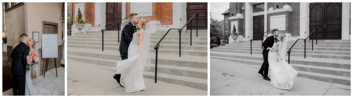 Groom dipping his bride on their wedding day at the foot of the front staircase of The Monastery.