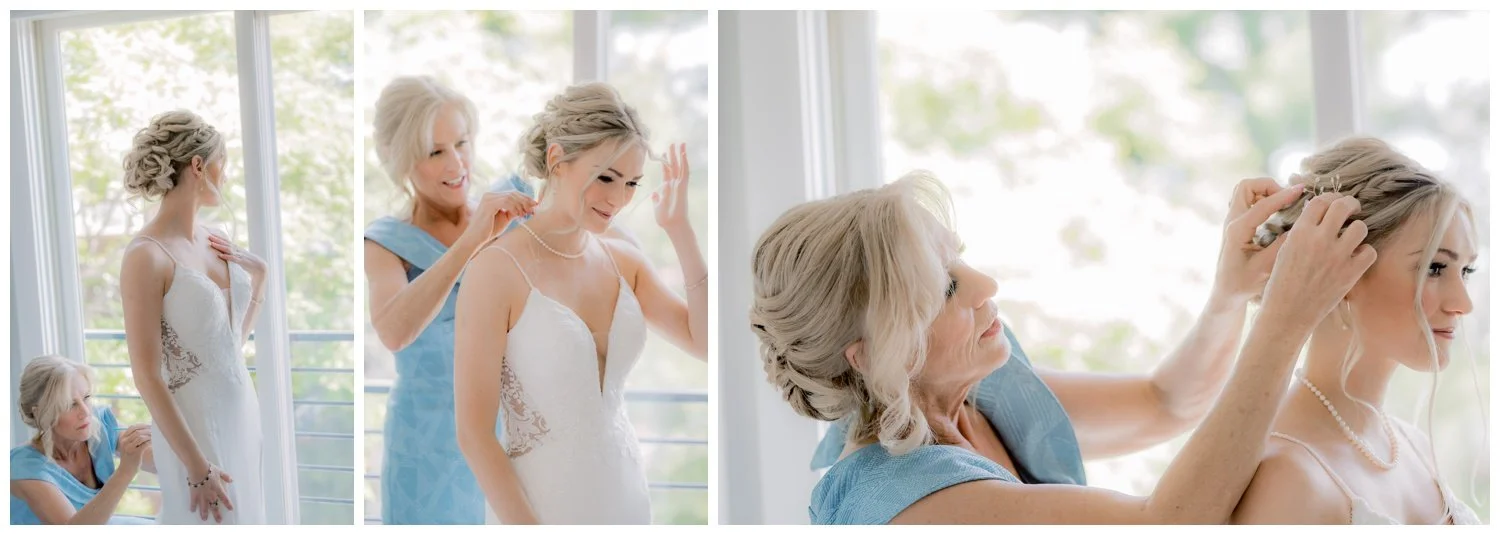 The bride's mom helping her get ready on the morning of her wedding.