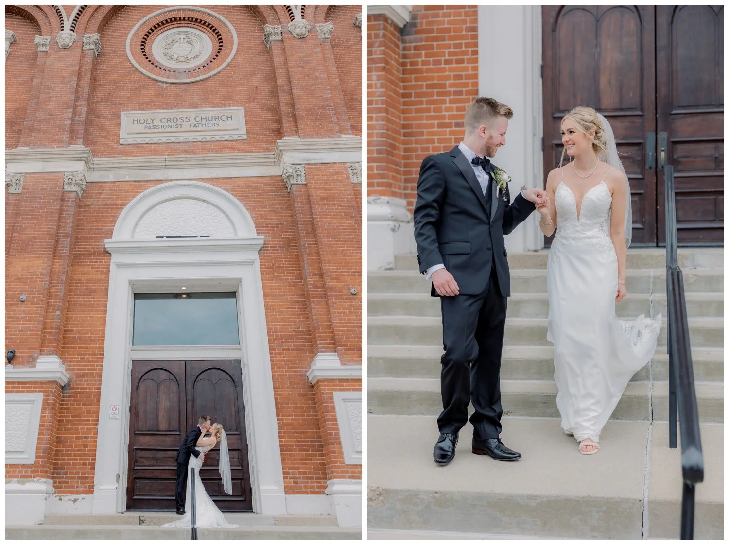 The bride and groom outside the front steps of the Monastery.