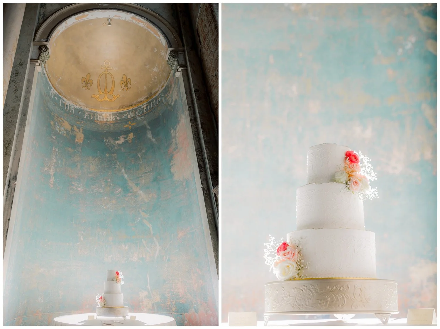 Three tier white cake with clusters of bright flowers by OKOTA for a wedding at the Monastery Event Center in Cincinnati..