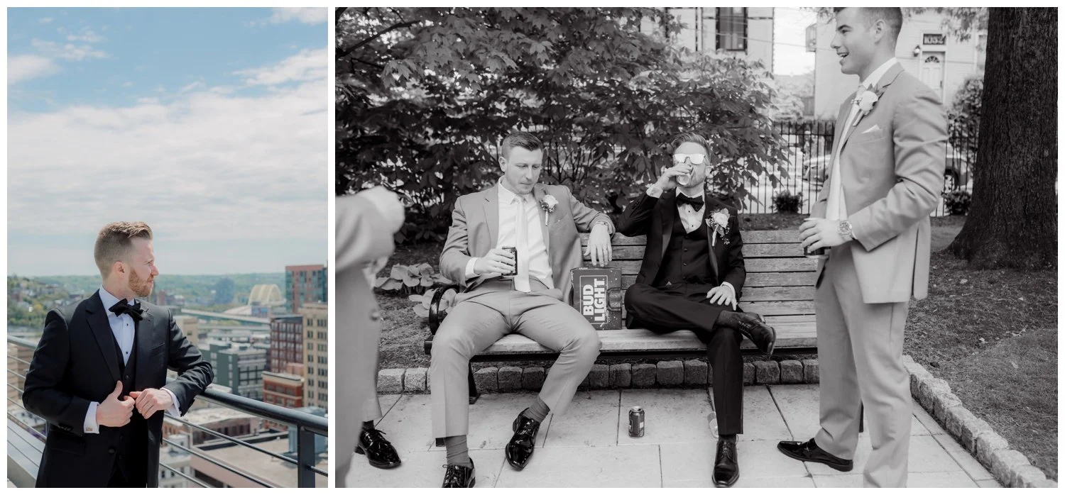 Groom On his wedding day looking out over the cincinnati ohio skyline and a black and white of him drinking a beer outside the wedding venue, The Monastery Event Center in Cincinnati Ohio