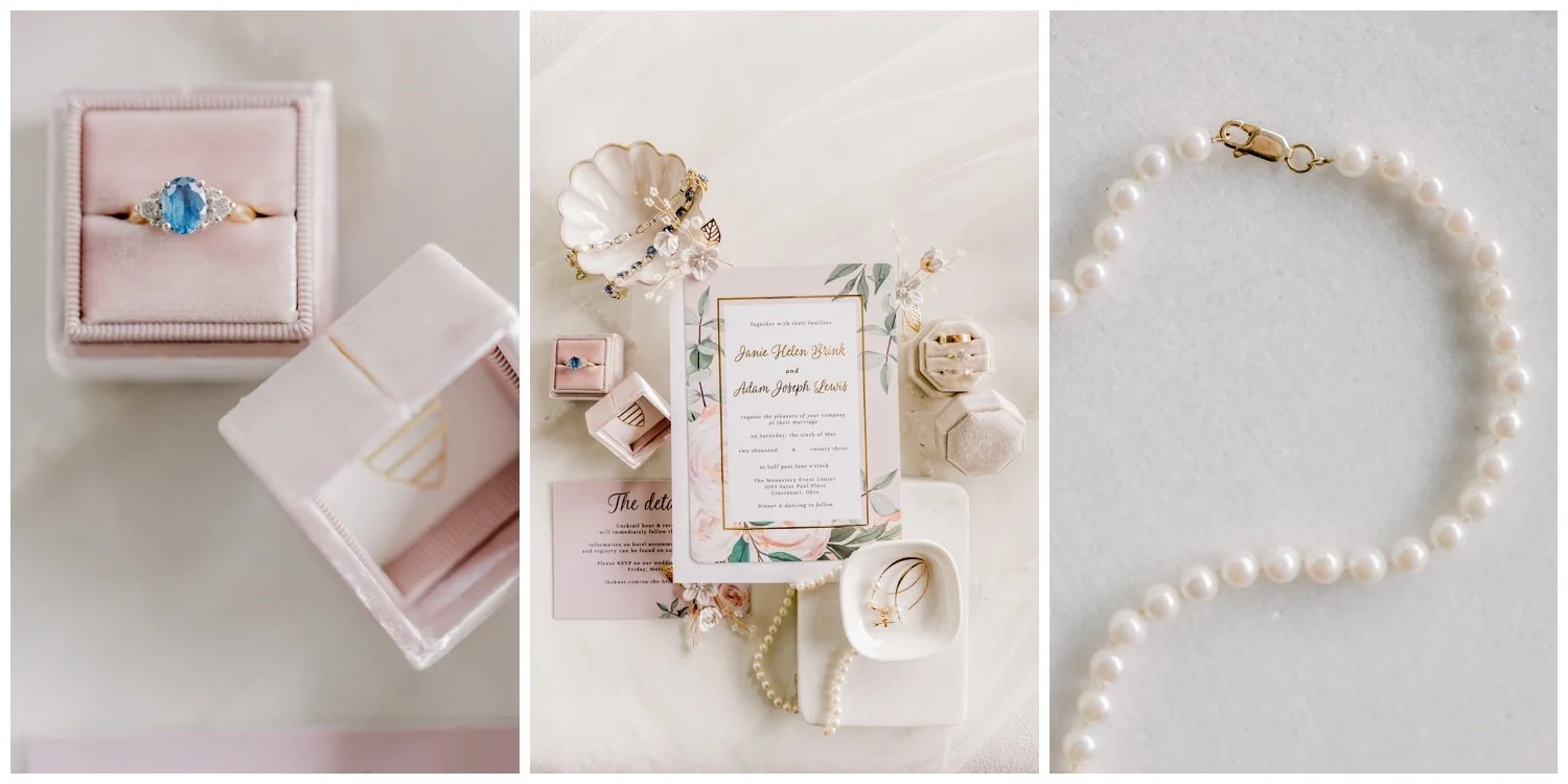 Bridal accessories laid out on the morning of their Monastery Event Center wedding day.